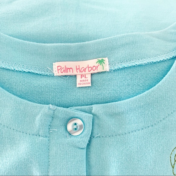 🏷️ Palm Harbor Pink Flamingo Embroidered Baby Blue Cardigan Petite Large - Picture 4 of 6